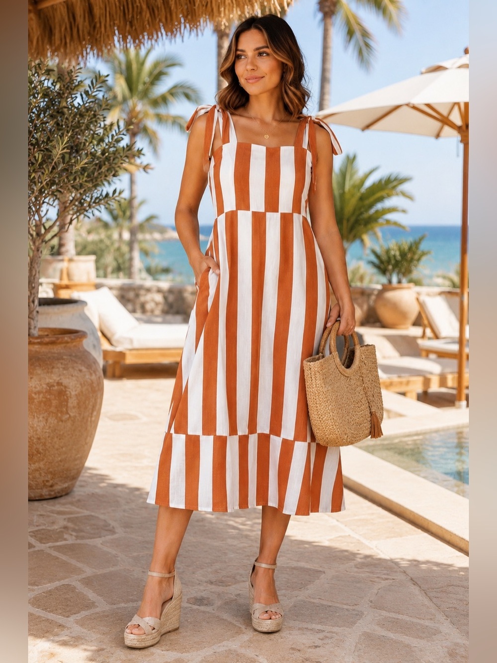 Mister Zimi Striped Tie-Shoulder Midi Dress in Rust and White, Size 10